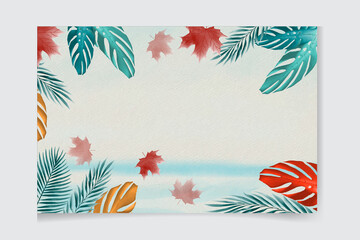 Fototapeta na wymiar Hot summer sale promotional banner with tropical beach exotic palm leaves, hibiscus flowers, pineapples and various plants 
