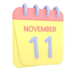 11th November 3D calendar icon. Web style. High resolution image. White background