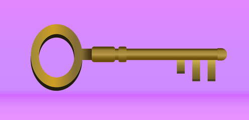vector 3d illustration of vintage copper metal key on pink background, key to success concept