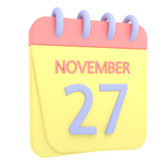 27th November 3D calendar icon. Web style. High resolution image. White background