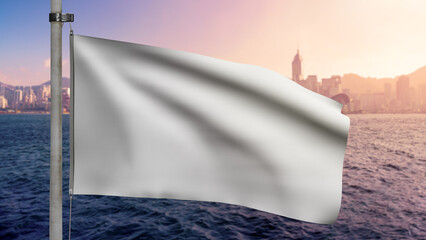 White flag mockup for you design with beauty landmark skyline and ocean water