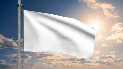 Flag mockup for you design with cumulus clouds sky and sun light summer sunset.