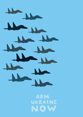 Fototapeta premium illustration of airplanes near arm ukraine now lettering on blue background.
