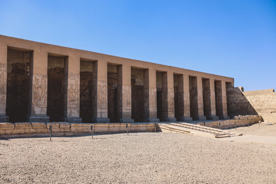 Outdoor View to an Ancient Egyptian temple of Seti I also known as the Great Temple of Abydos in Kharga, Egypt