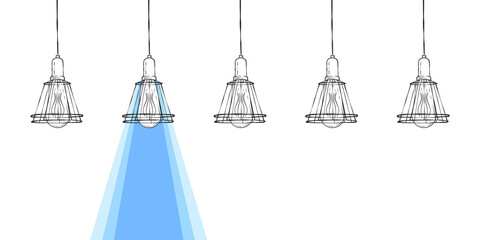 Light from lamp. Lamp drawn by hand with a beam of light. Vector illustration