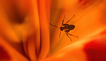 An ant inside a bright orange lily flower bud. selective focus