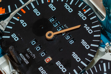 Old car speedometer,odometer. Speed indicator background.Roration engine speed arrow.