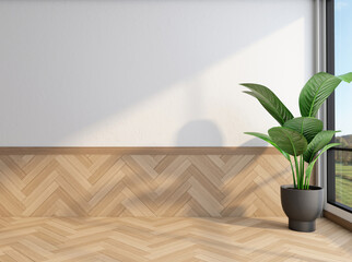 Minimalist empty room with white wall and wood floor. 3d rendering 