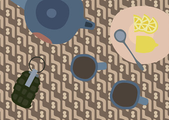 illustration of teapot and cups near sliced lemons on plate and grenade on abstract background.