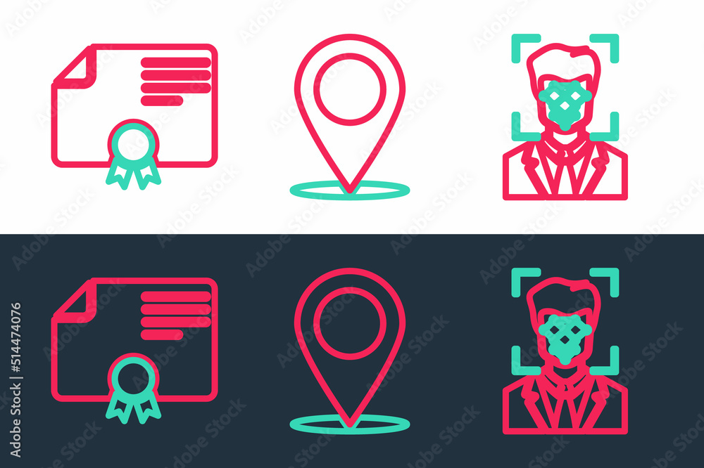 Poster set line face recognition, certificate template and map pin icon. vector