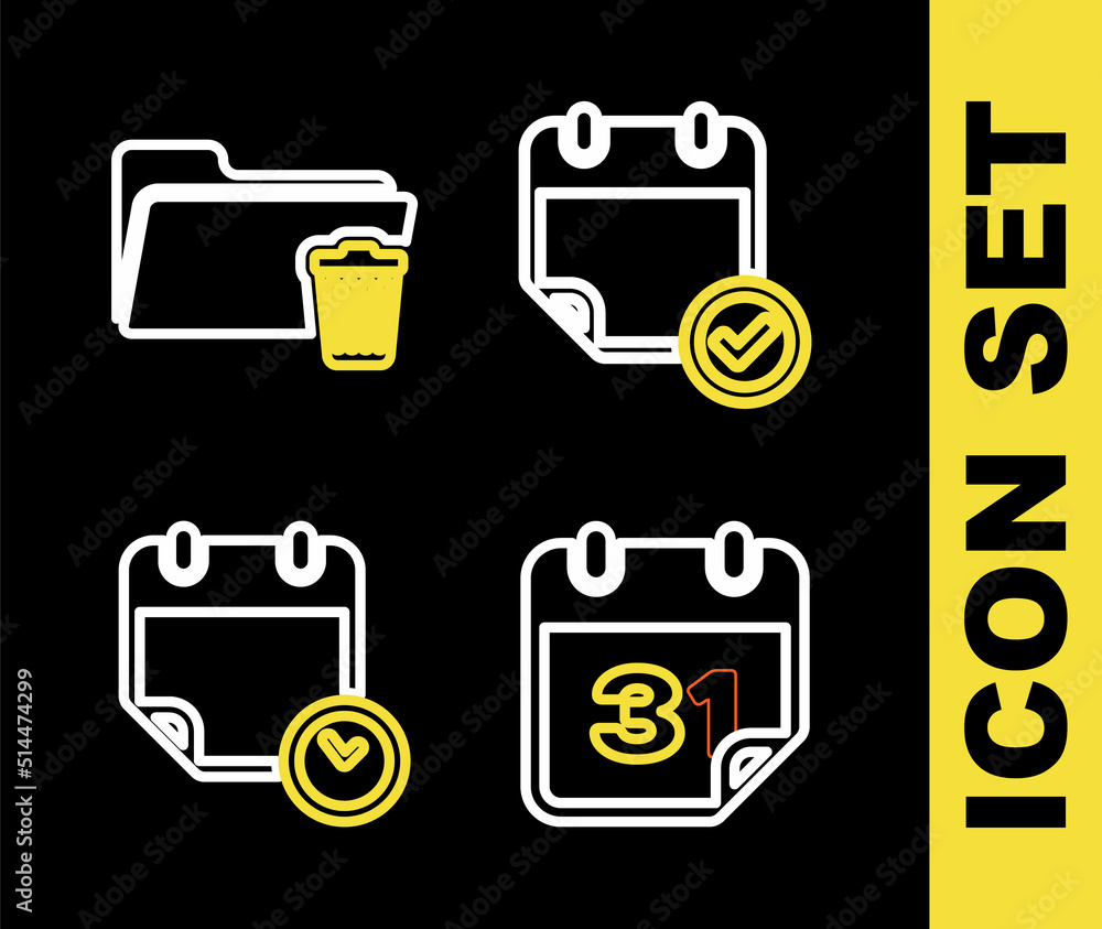 Poster set line calendar with check mark, and clock and delete folder icon. vector
