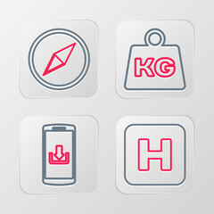 Set line Hospital, Smartphone with download, Weight and Wind rose icon. Vector