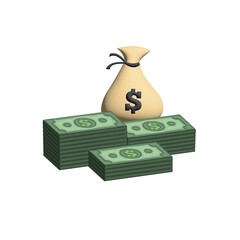 dollar bill, wealth and bank icon illustration, cash image, purse, white background,3d render