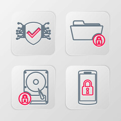 Set line Smartphone with lock, Hard disk drive and, Folder and Cyber security icon. Vector