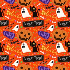 Fototapeta premium Halloween seamless pattern - creepy pumpkin lanterns with scary faces, traditional holiday halloween symbols ,seamless texture