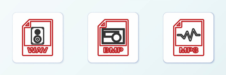 Set line MP3 file document, WAV and BMP icon. Vector