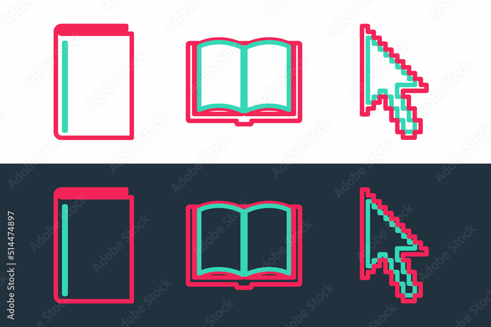 Poster set line pixel arrow cursor, book and open book icon. vector