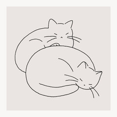Two cute cats sleeping together. Cat hand drawn line illustration