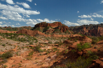 Naklejka na ściany i meble The red desert. View of the canyon, sandstone and rocky mountains under a blue sky. 