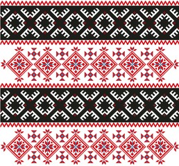 Ukrainian national vector ornament, repeating pattern in black and red, square composition