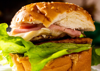 hamburger on a wooden table