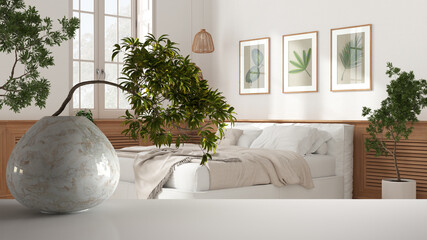 White mat table shelf with round marble vase and potted bonsai, green leaves, over modern bedroom, double bed and wooden wall panel, interior design, clean architecture concept idea