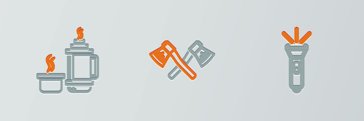 Set line Flashlight, Thermos container and Crossed wooden axe icon. Vector
