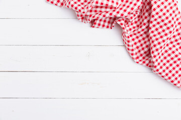 Flat lay cotton with copy space for text menu to restaurants. Top view of fabric tablecloth red and...