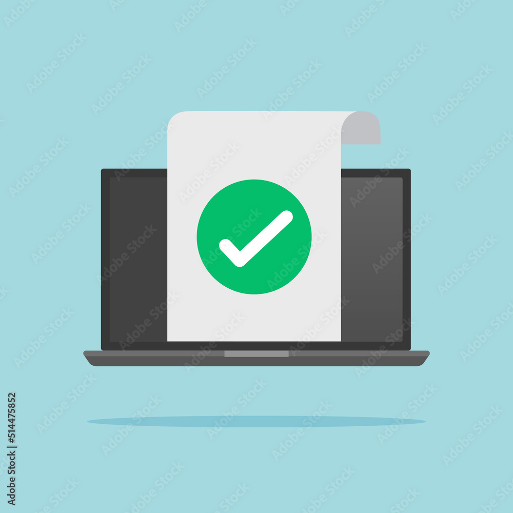 Aufkleber computer laptop with checkmark on screen. correct form or agreement symbol concepts. document and la