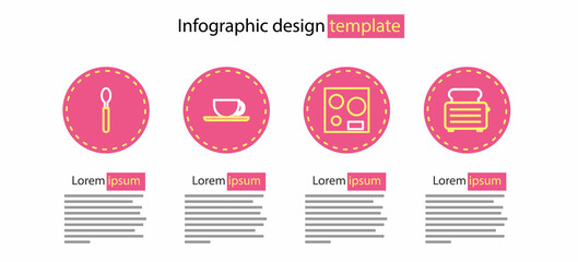 Set line Electric stove, Toaster with toasts, Coffee cup and Spoon icon. Vector