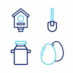 Set line Chicken egg, Can container for milk, Shovel and Bird house icon. Vector