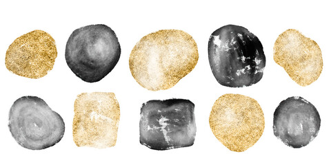 Hand Drawn Watercolor Abstract Shape Isolated on white background. Collection with Modern Gold and Black Organic Shapes. Vector illustration 