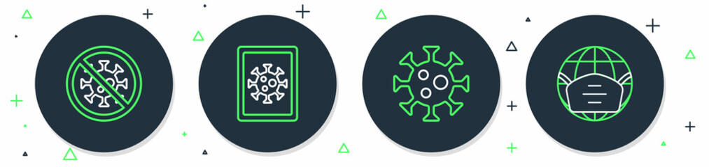 Set line Virus statistics on monitor, Stop virus and Earth with medical mask icon. Vector