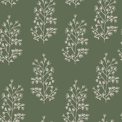 Hand drawn Vintage Flowers and Botanical Branches seamless Pattern. Elegant Floral Wallpaper. Nature Plant Collection. Sketch drawing style Greenary element. Vector