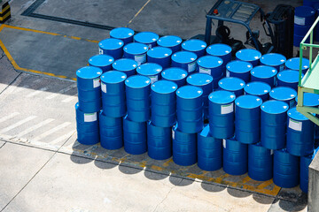 Top view oil barrels blue or chemical drums horizontal