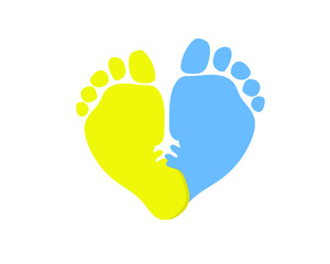 footprint of children's feet. Ukrainian flag. 