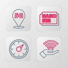 Set line 5G network, Digital speed meter, Nano Sim Card and Location icon. Vector