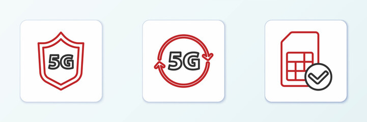 Set line Sim card, Protective shield 5G and network icon. Vector