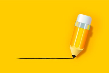 Background with Yellow realistic pencil with eraser. 3D illustration of yellow pencils, on a white and yellow background. The pencil draws a line.