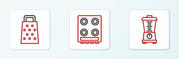 Set line Blender, Grater and Gas stove icon. Vector