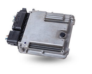 Plastic car engine control unit with metal elements on a white isolated background is the...