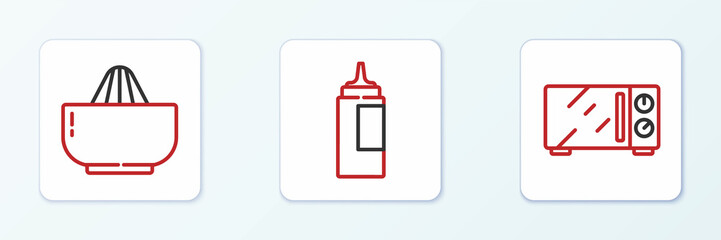 Set line Microwave oven, Citrus fruit juicer and Sauce bottle icon. Vector