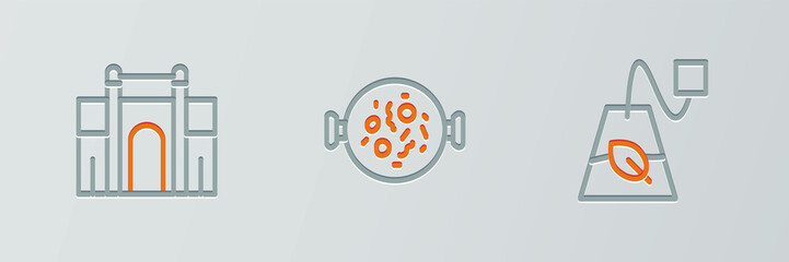 Set line Tea bag, India Gate in Delhi and Chicken tikka masala icon. Vector