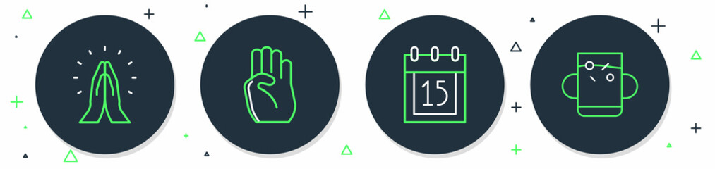 Set line Indian symbol hand, Independence day, Hands in praying position and Cup of tea leaf icon. Vector