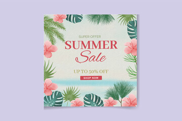 Hot summer sale  promotional banner with tropical beach exotic palm leaves, hibiscus flowers, pineapples and various plants 