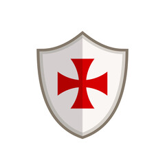 Templar shield with red cross isolated on white background. Shield of templar knights in flat style. Vector stock