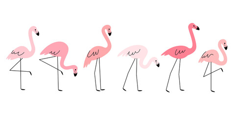 Cartoon flamingo icon set. Cute bird in different poses. Vector illustration for prints, clothing, packaging, stickers.