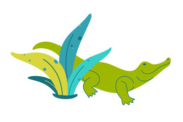 Cute crocodile with tropic leaves. Cartoon flat vector illustration.