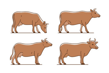 Cartoon cow icon set. Cute animal character in different poses. Vector illustration for prints, clothing, packaging, stickers.