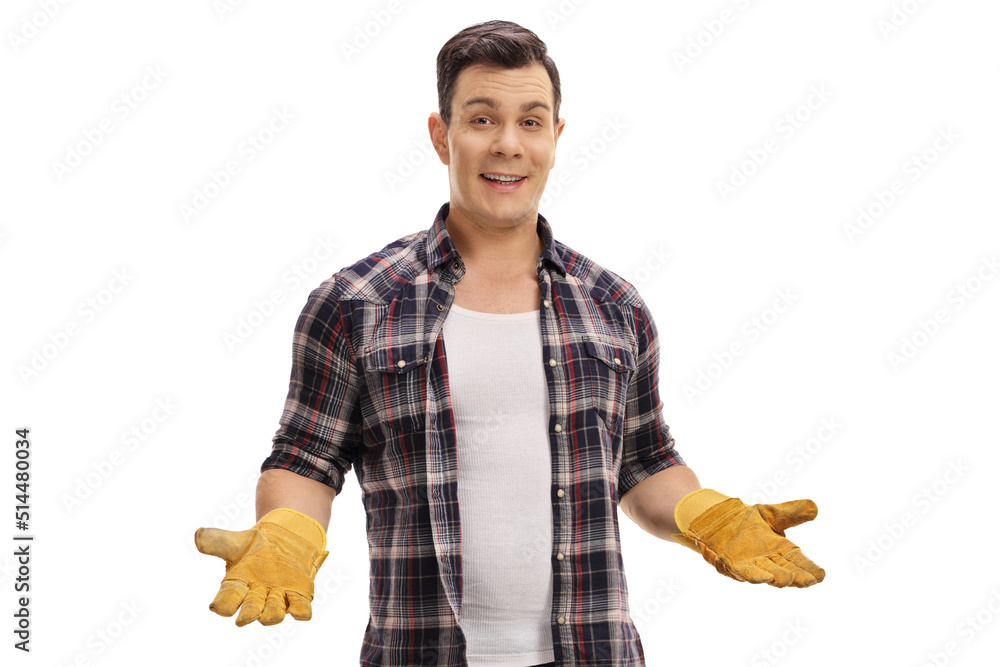 Wall mural Young male farmer gesturing with hands